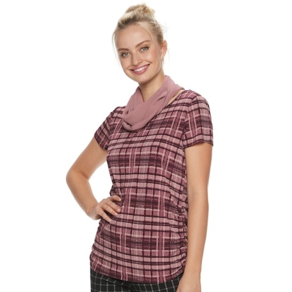 ELLE Ruched Top & Scarf Set Short Sleeve Scoop Neck Pink Plaid Large - Picture 1 of 11